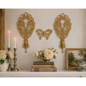 Vintage Burwood Syroco Wall Decor Set Butterfly Fan Plaques Hollywood Regency